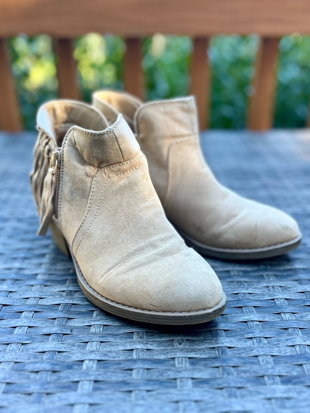 American Eagle Tan Beige Suede Fringe Ankle Booties with Side Zips